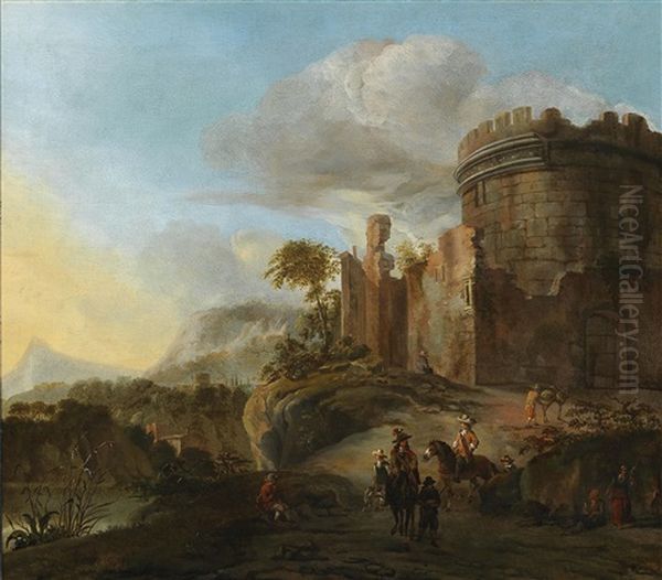 An Italianate Landscape With Castle Ruins And Travellers On A Road - view 1