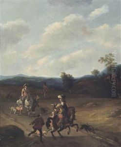 A Hawking Party In A Mountainous Landscape by Johannes Lingelbach