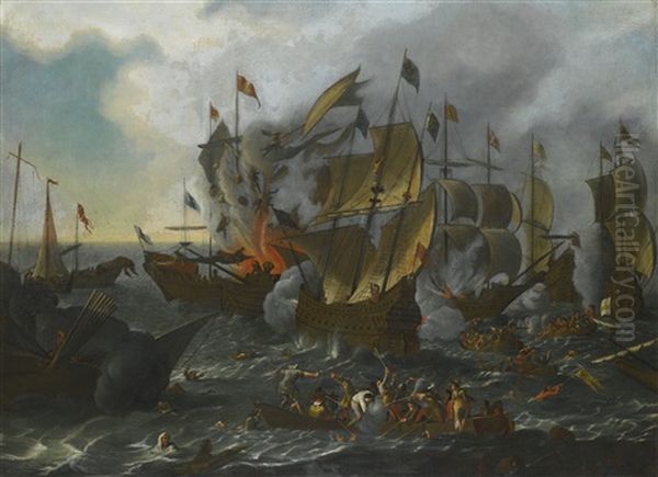 Marine Battle With An Explosion Aboard A Ship, And Figures Engaged In Hand-to-hand Combat On A Boat In The Foreground - view 1