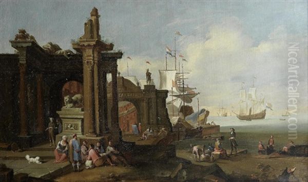 A Busy Harbour Scene With Classical Buildings, Figures And Shipping - view 1