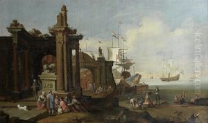 A Busy Harbour Scene With Classical Buildings, Figures And Shipping