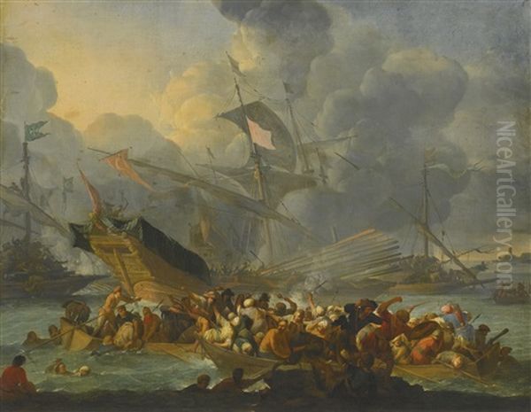 Battle Of Lepanto, 1571, With A Crowded Rowing Boat And Men Struggling To Shore In The Foreground - view 1