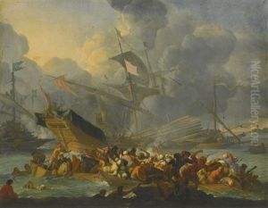 Battle Of Lepanto, 1571, With A Crowded Rowing Boat And Men Struggling To Shore In The Foreground by Johannes Lingelbach