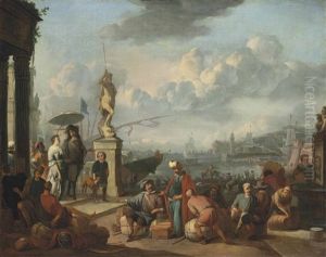 An Italianate Harbour With An Elegant Couple Promenading Near A Statue Of Neptune, And Workmen Unloading By The Docks by Johannes Lingelbach
