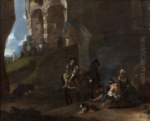 Campement De Bohemiens Dans Des Ruines Romaines by Johannes Lingelbach