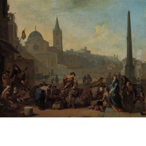Figures In The Piazza Del Popolo, Rome by Johannes Lingelbach