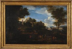 A Mountainous Landscape With Travellers In The Foreground, Grecian Temple Beyond And A Distant View To A River And Town