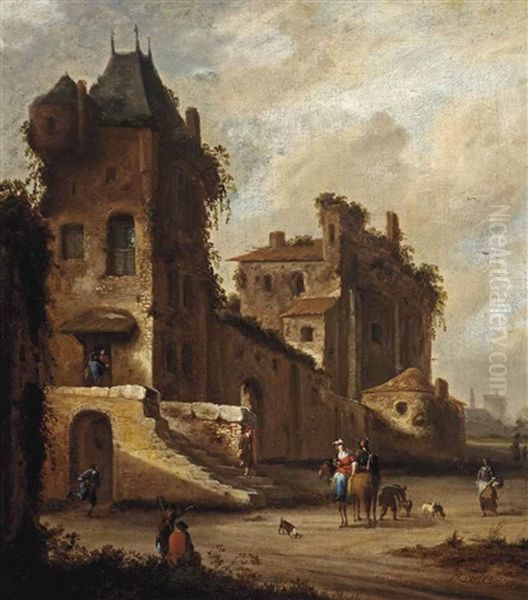 A 'capriccio' View Of A Village Street With A Couple On Horseback And Other Figures - view 1