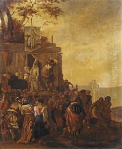 A Comedia Dell'arte In A Town Square by Johannes Lingelbach
