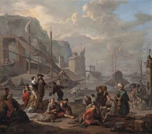 A Mediterranean Port With An Elegant Couple And Travellers Resting By The Quay by Johannes Lingelbach