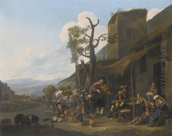 A Southern Landscape With A Violinist Entertaining Revellers Outside A Tavern - view 1