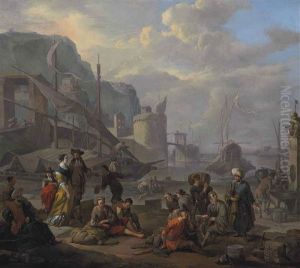 A Mediterranean Port With An Elegant Couple And Travelers Resting By The Quay