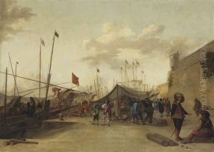 A Mediterranean Harbour With Merchants At A Market On The Quay