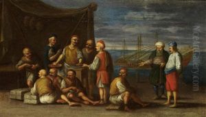 Galley Slaves Taking Water At A Fountain; And Merchants On A Quay With Galley Slaves Nearby (pair) by Johannes Lingelbach