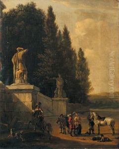 Le Depart Des Cavaliers Dans Le Parc D'une Villa by Johannes Lingelbach