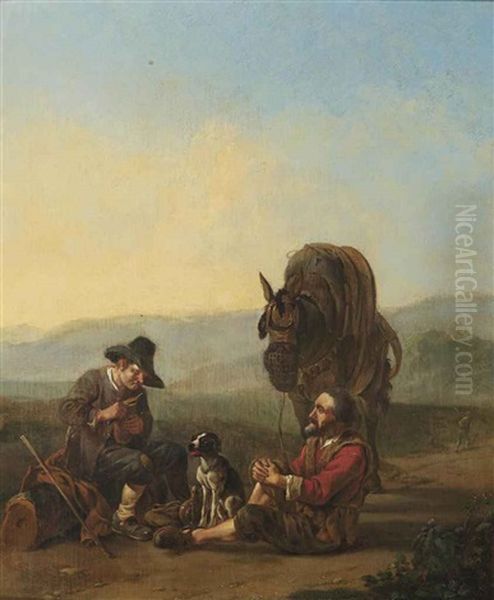 Two Travelers Reposing On A Track In An Italianate Landscape - view 1