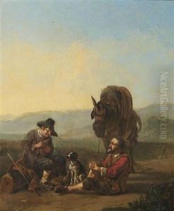 Two Travelers Reposing On A Track In An Italianate Landscape by Johannes Lingelbach