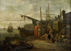 A Mediterranean Harbor With Figures Resting On The Quay (+ A Mediterranean Harbour With Figures Around A Campfire; Pair) by Johannes Lingelbach