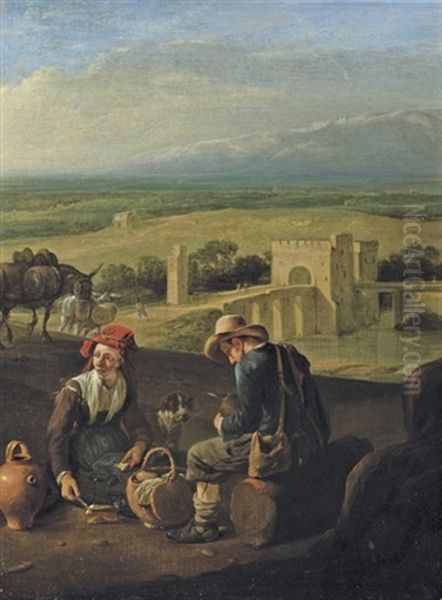 Two Peasants Eating In An Italianate River Landscape - view 1