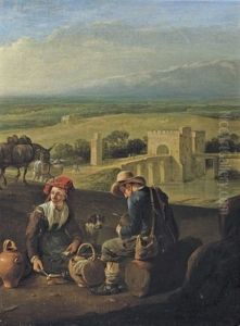 Two Peasants Eating In An Italianate River Landscape
