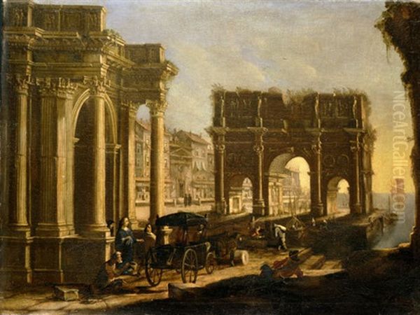 Capriccio Architettonico Costiero Con Un Portale Di Ordine Corinzio, L'arco Di Costantino E Un Borgo (collab. W/ Alessandro Salucci) - view 1