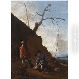 An Italianate Landscape With An Old Man Resting On A Tree Trunk On A Path Together With A Young Boy by Johannes Lingelbach