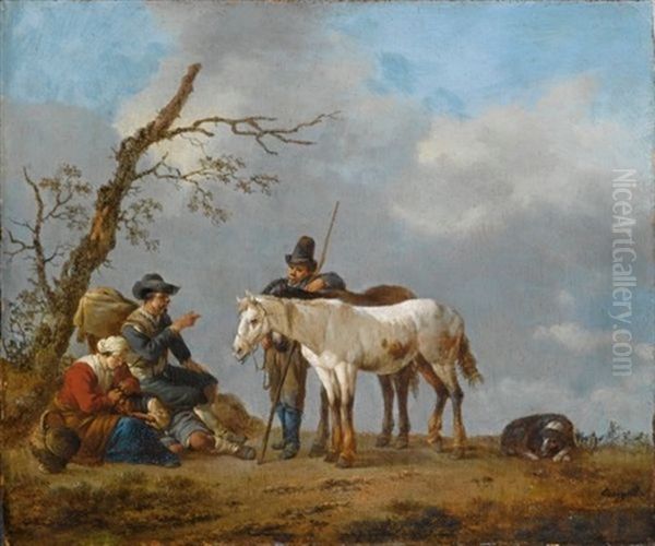 A Family And A Traveller Conversing Near A Tree, Together With Their Horses And A Dog In A Landscape - view 1