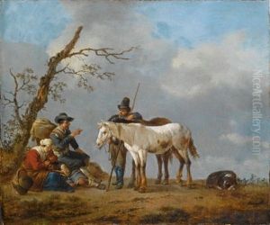 A Family And A Traveller Conversing Near A Tree, Together With Their Horses And A Dog In A Landscape A Family And A Traveller Conversing Near A Tree, Together With Their Horses And A Dog In A Landscape