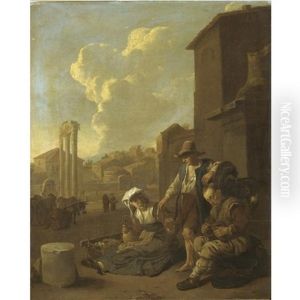 A Roman Street Scene, With A Peasant Family Eating And Drinking, The Campo Vaccino Beyond by Johannes Lingelbach