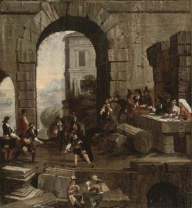 A Mediterranean Coastal Inlet With Classical Ruins And Men Playing Bowls, Fighting, Children Playing Cards And Others Drinking