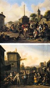 A Roman Street Scene With A Vegetable Market (+ A Roman Street Scene With Market Stalls And Strolling Players; Pair) by Johannes Lingelbach