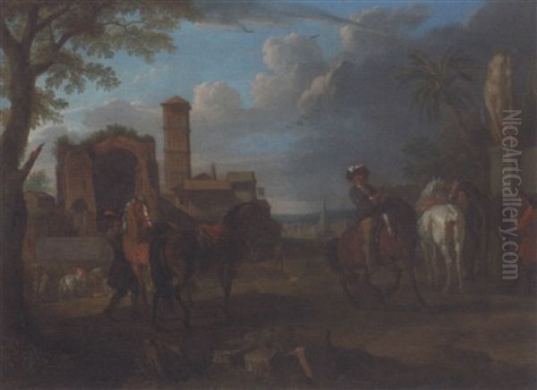 An Italianate Town With Roman Ruins And Horsemen In The Foreground - view 1