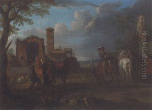 An Italianate Town With Roman Ruins And Horsemen In The Foreground