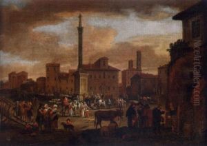 Townsfolk Gathered In A Roman Piazza by Johannes Lingelbach