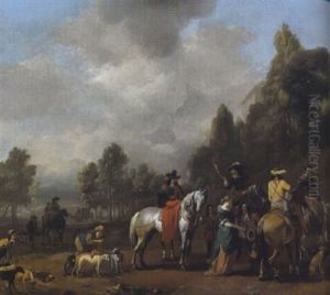 Rastende Jagdgesellschaft Vor Dem Tor Eines Schlosparks by Johannes Lingelbach