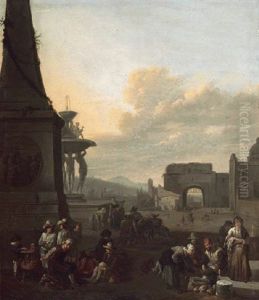 The Piazza Del Popolo, Rome, With A Shoemaker At Work At The Foot Of The Obelisk And A Vegetable Seller Nearby by Johannes Lingelbach