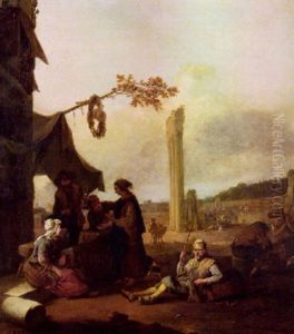 Figures By An Inn With The Ruins Of The Temple Of Castor And Pollux Beyond by Johannes Lingelbach