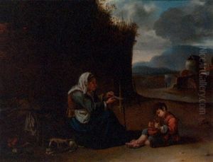 A Woman Spinning Yarn With A Boy By A Hovel, A Mountainous Landscape Beyond by Johannes Lingelbach