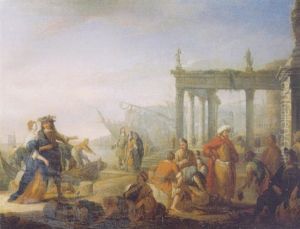A Capriccio Of A Mediterranean Harbour With Merchants On A Quay Near Classical Ruins, An Elegant Couple Strolling Nearby