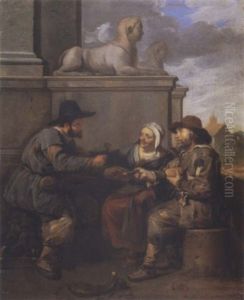 Exterior Scene With Three Peasants Eating And Drinking by Johannes Lingelbach