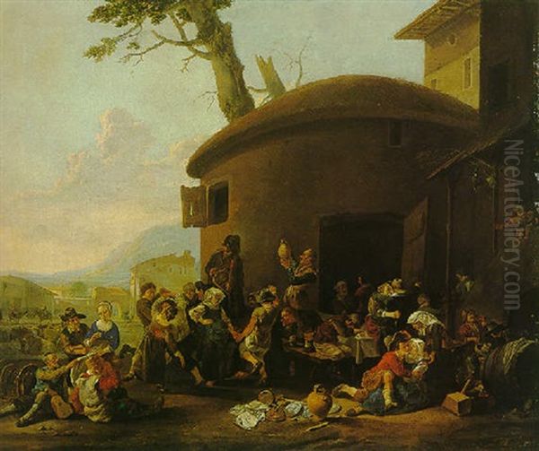 Figures Dancing And Carousing Outside An Inn In An Italianate Town - view 1