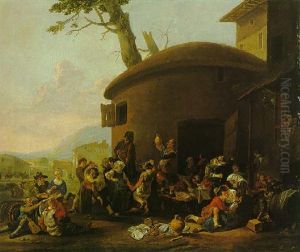 Figures Dancing And Carousing Outside An Inn In An Italianate Town by Johannes Lingelbach
