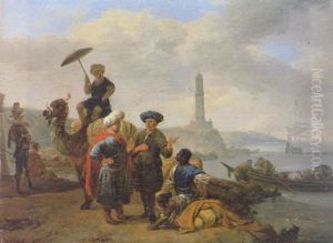 Oriental Merchants Discoursing On A Quayside With A Lighthouse And A Mediterranean Harbour Beyond