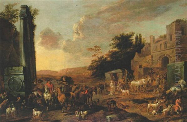 Travellers Arriving In A Village With Figures By Classical Ruins - view 1