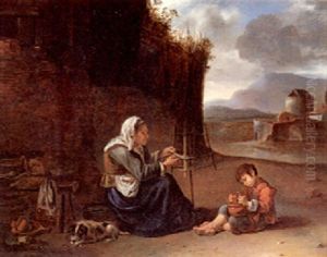 An Old Woman At The Distaff And A Playing Boy In An Italian Landscape by Johannes Lingelbach