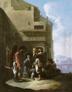 Personnages Devant Une Taverne by Johannes Lingelbach