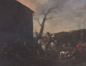 An Elegant Couple On Horseback And Other Travellers Halting At A Roadside Inn by Johannes Lingelbach