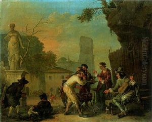 Woman Playing A Game With A Baker At A Tavern In A Piazza