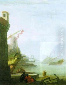 A Mediterranean Harbour Scene With Two Children Sitting On The Quayside by Johannes Lingelbach