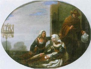 Two Women Spinning Wool With A Man Holding A Jug Behind